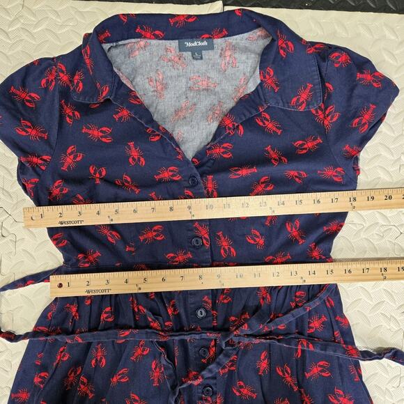 Modcloth Mini Shirt Dress Womens Large Medium Lobsters Navy Blue Red Coastal - Picture 7 of 9